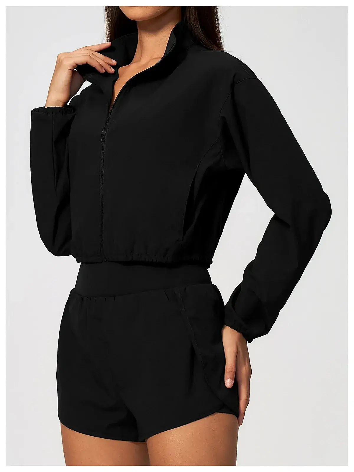 Waistband detail on Mock-Collar zip crop jacket