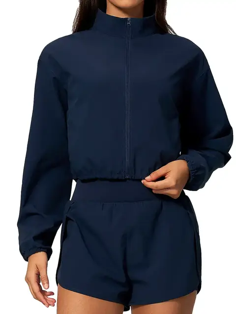 Mock-Collar zip crop jacket in midnight blue front view