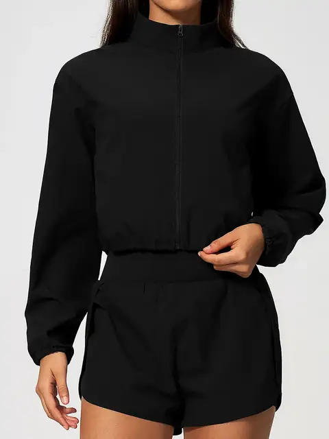 Mock-Collar zip crop jacket in premium black front view