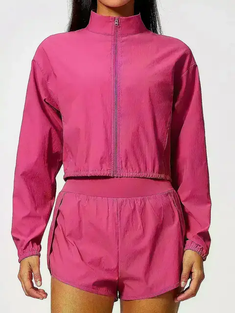 Mock-Collar zip crop jacket in wine red front view