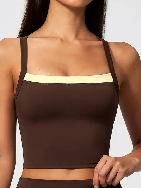 2-in-1 Cross-Back yoga tank in auburn front view