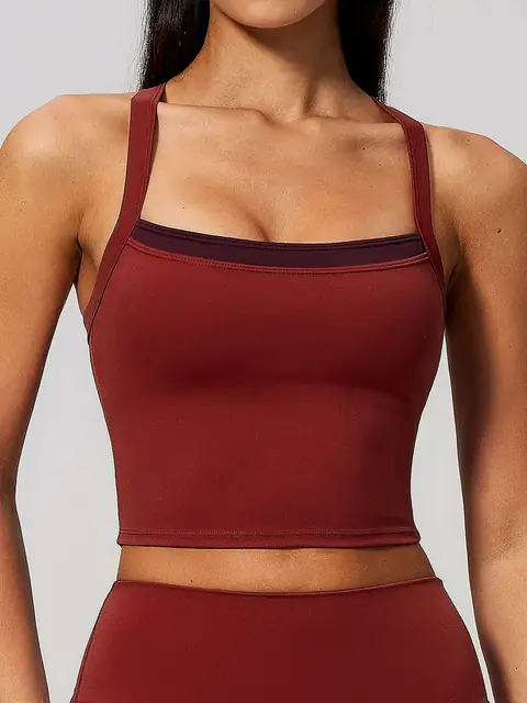 2-in-1 Cross-Back yoga tank in cherry red front view