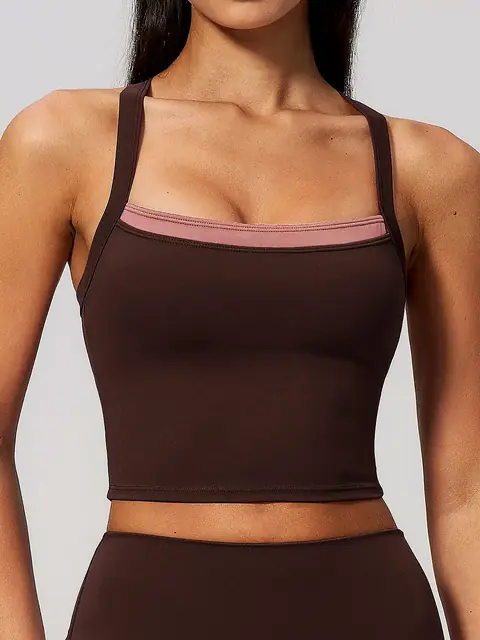 2-in-1 Cross-Back yoga tank in chestnut front view