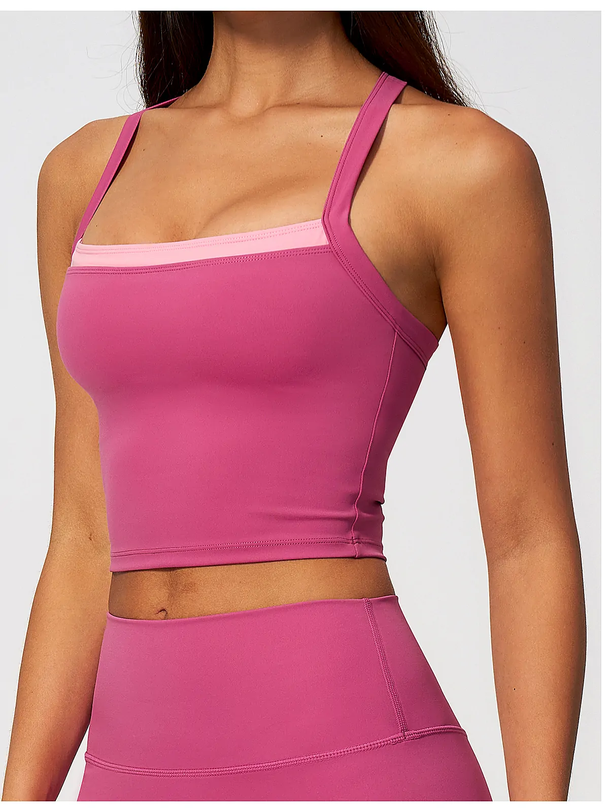 2-in-1 Cross-Back yoga tank back seam construction