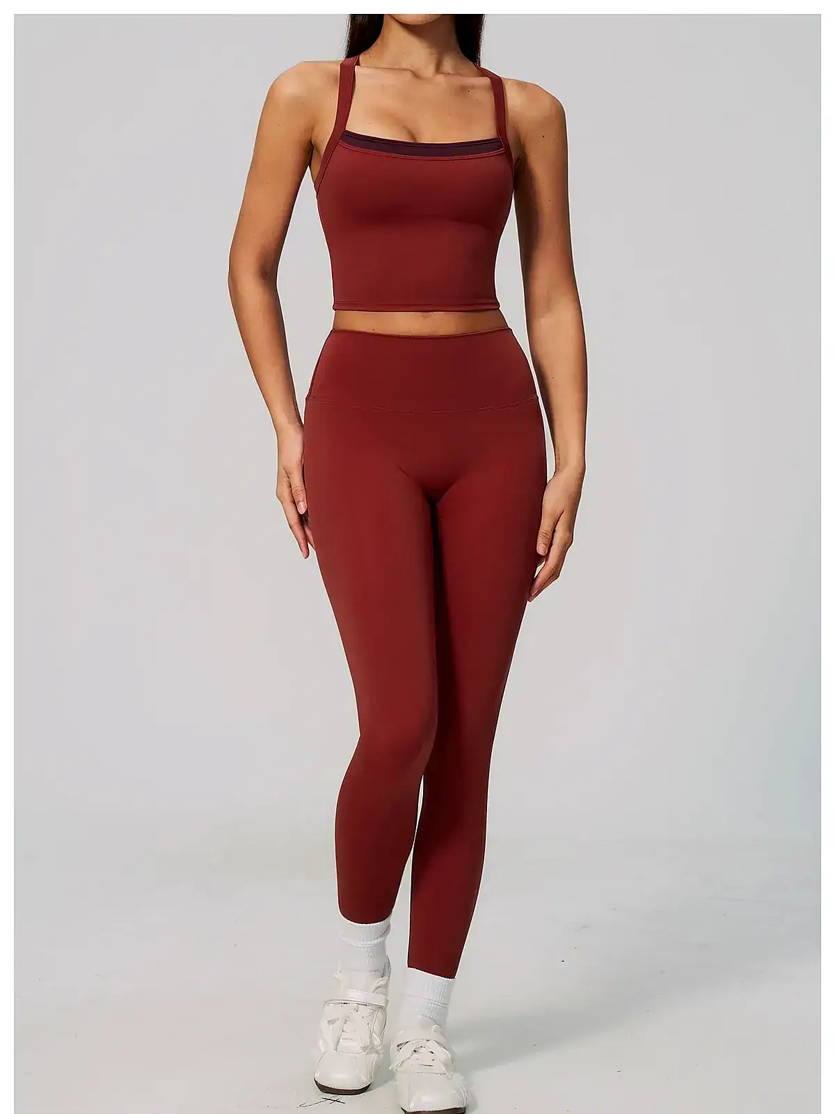 Waistband detail on 2-in-1 Cross-Back yoga tank
