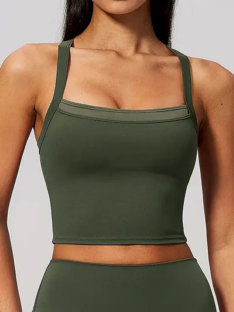 2-in-1 Cross-Back yoga tank in mocha front view