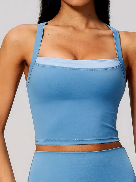 2-in-1 Cross-Back yoga tank in smoke blue front view