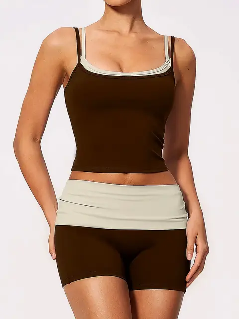 2-in-1 Fold-Waist yoga set in cinnamon front view
