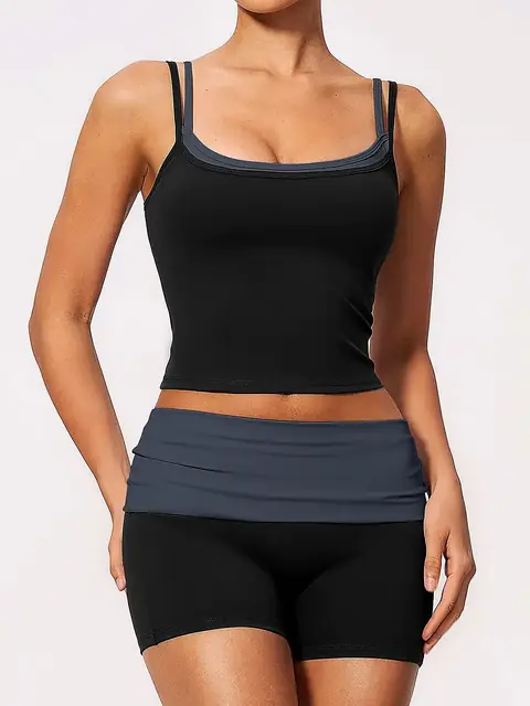 2-in-1 Fold-Waist yoga set in tea brown front view