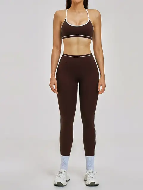 Second-skin Colour-Block Open-Back yoga set in black coffee front view