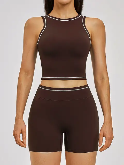 Second-skin Colour-Block yoga set in black coffee front view