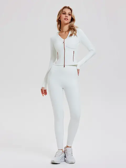 Second-skin zip yoga jacket set in cream apricot front view