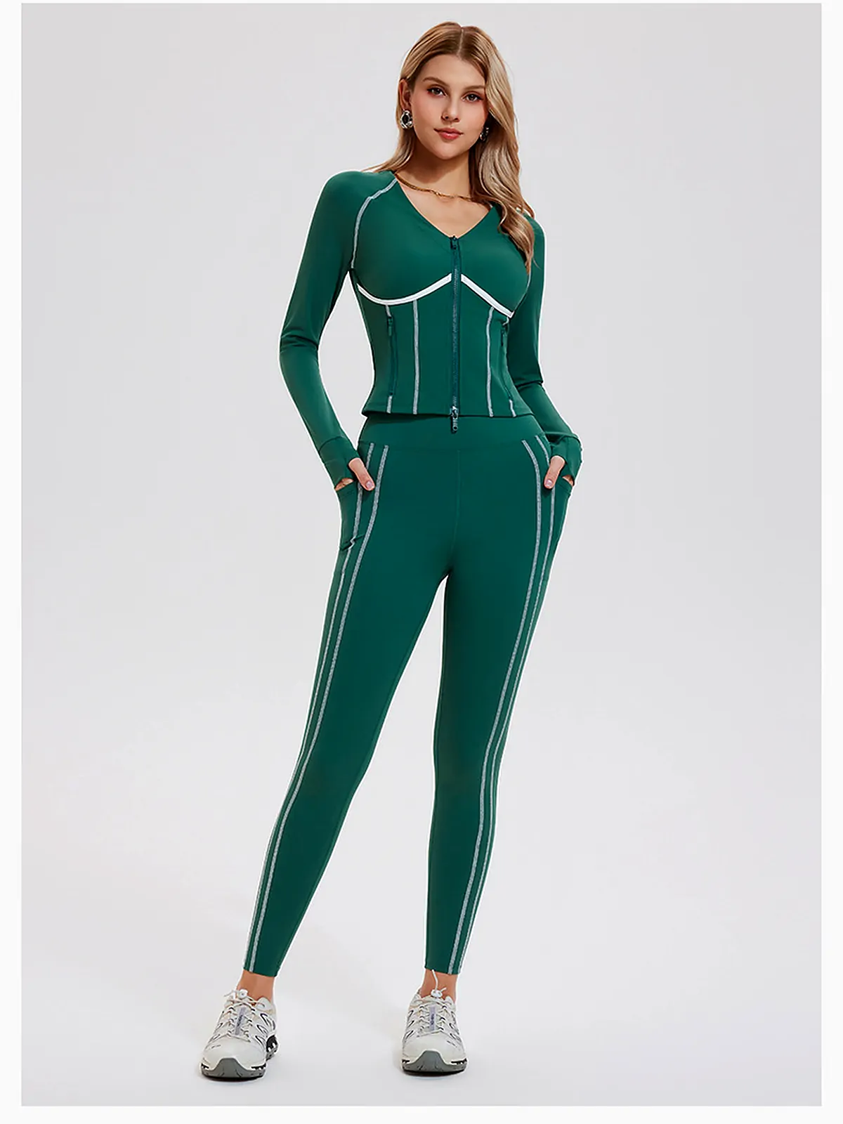 Second-skin zip yoga jacket set back seam construction