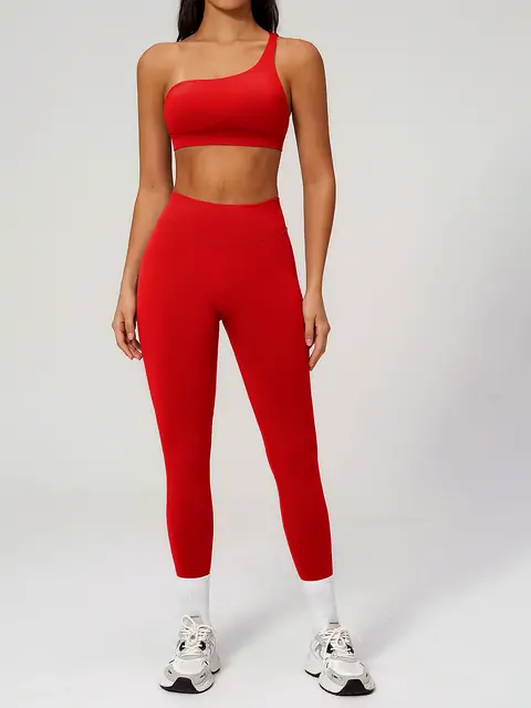 One-Shoulder Seamless Yoga Set front view in cherry red