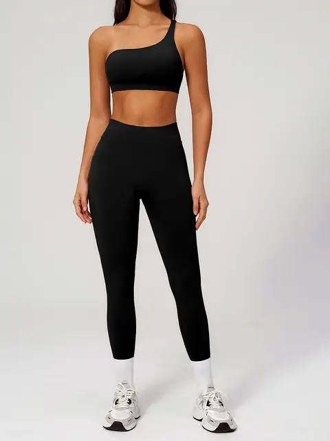 One-Shoulder Seamless Yoga Set front view in mocha