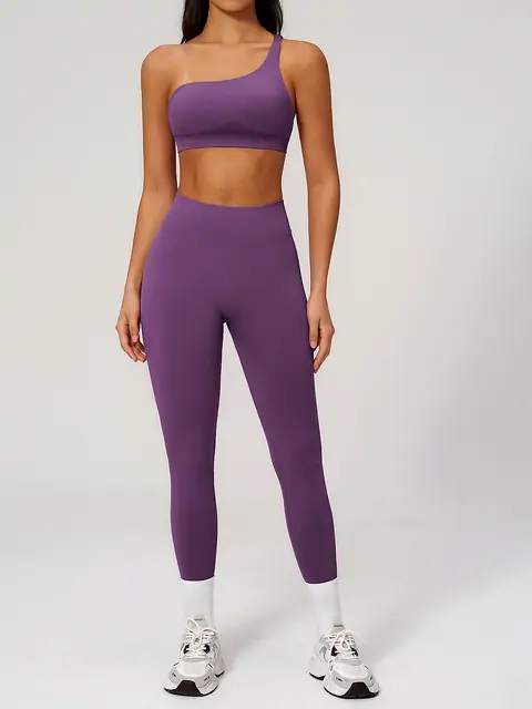 One-Shoulder Seamless Yoga Set front view in rose pink