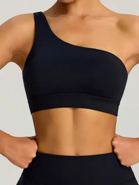 One-Shoulder shock yoga tank in mocha front view