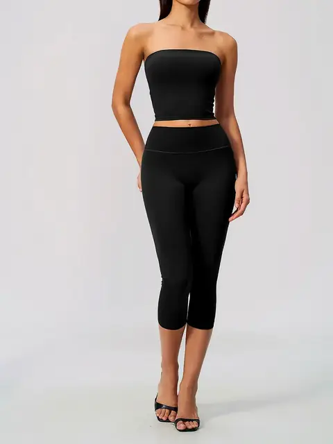 Padded bandeau yoga set in dark chocolate front view