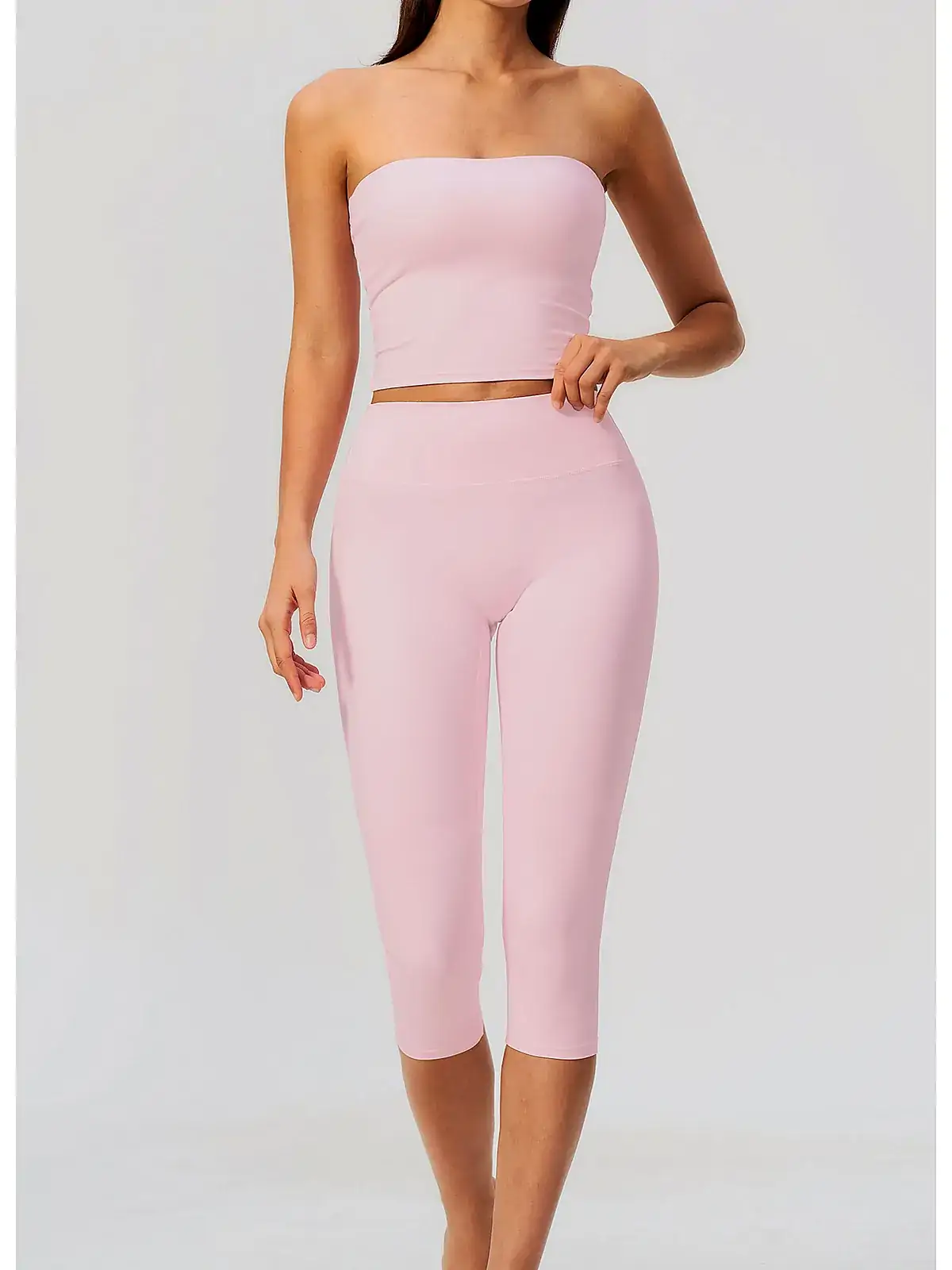 Padded bandeau yoga set back seam construction