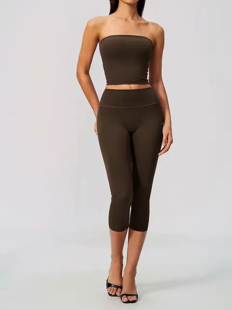 Padded bandeau yoga set in mocha front view