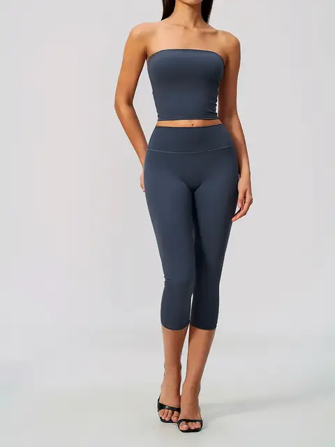 Padded bandeau yoga set in rhino grey front view