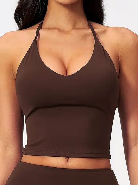 Padded halter V-Neck yoga tank in auburn front view