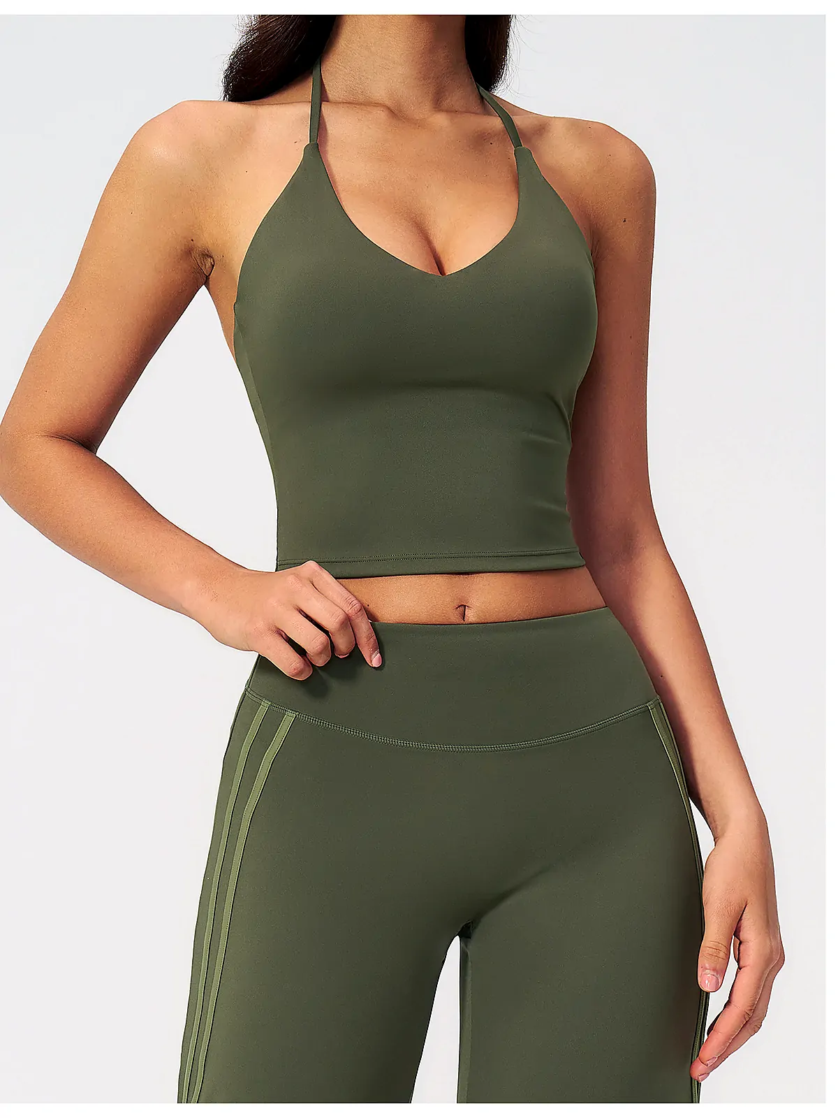 Waistband detail on Padded halter V-Neck yoga tank