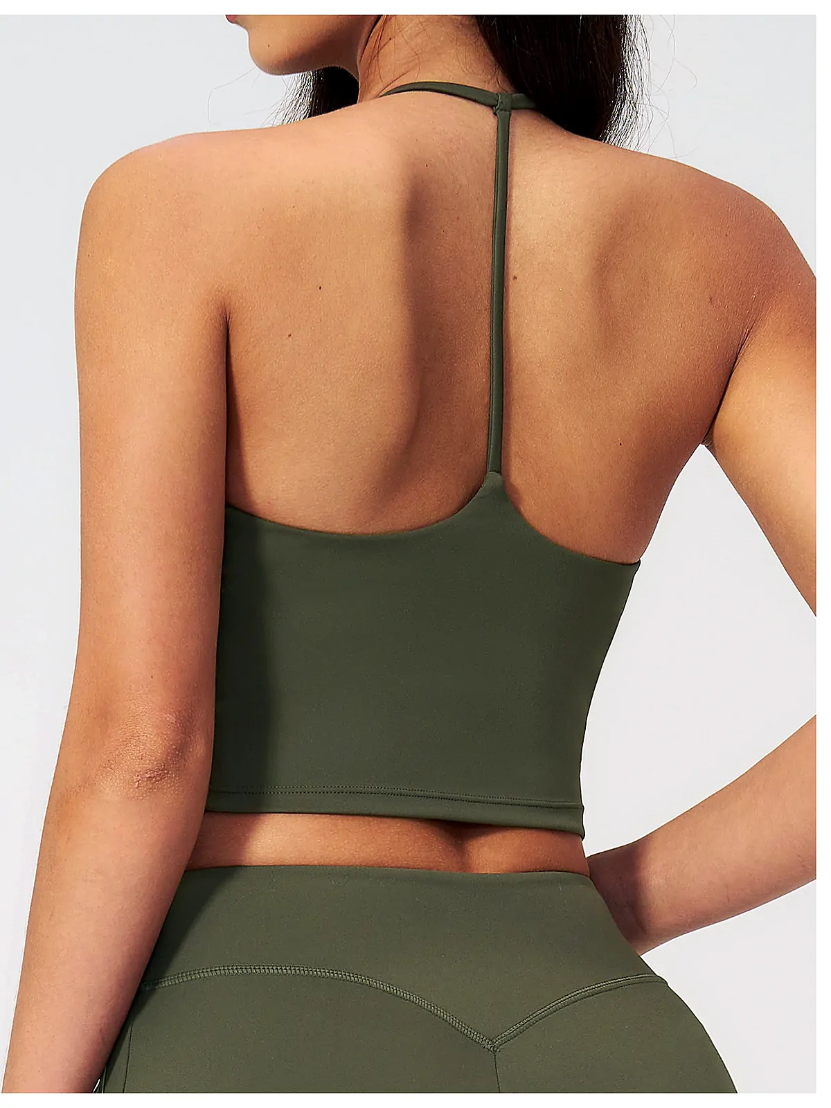 Padded halter V-Neck yoga tank back seam construction