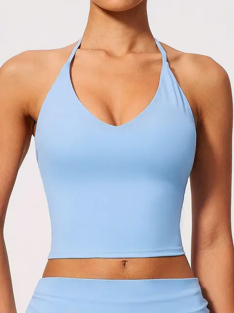 Padded halter V-Neck yoga tank in heather grey front view