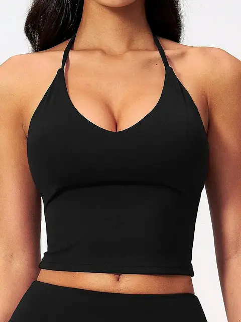 Padded halter V-Neck yoga tank in mocha front view