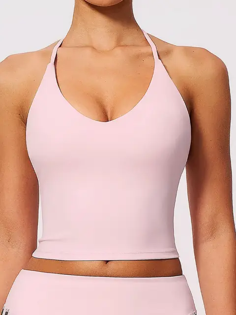 Padded halter V-Neck yoga tank in peach pink front view