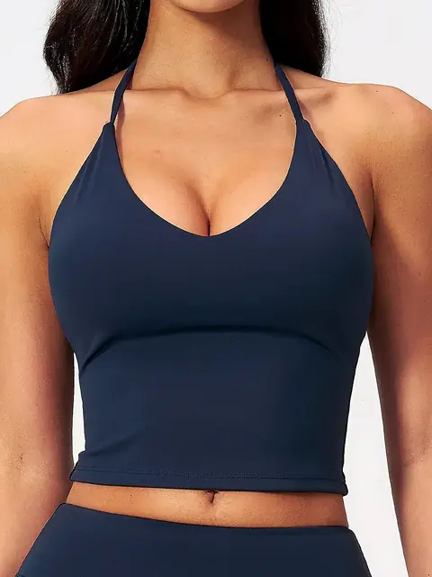 Padded halter V-Neck yoga tank in rhino grey front view