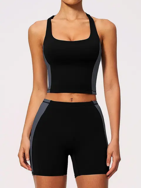 Padded yoga tank High-Waist short set in mocha front view