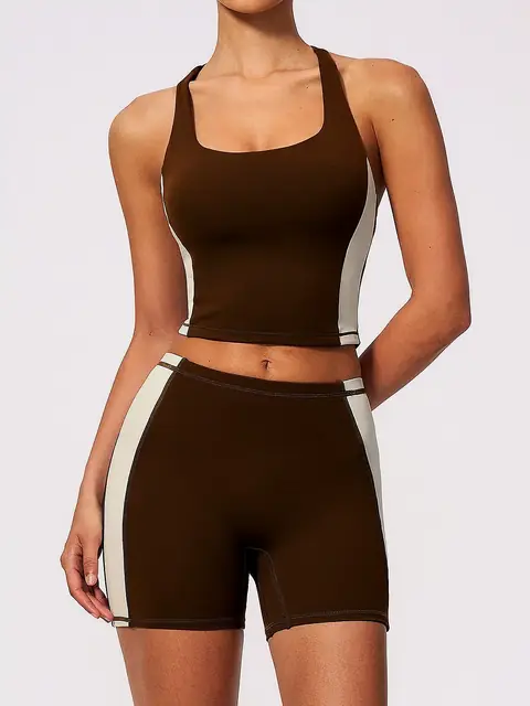 Padded yoga tank High-Waist short set in rust front view