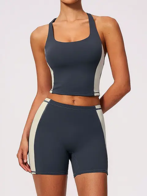 Padded yoga tank High-Waist short set in tea brown front view