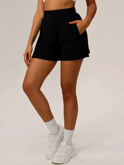 Phone-Pocket High-Waist yoga shorts in auburn front view