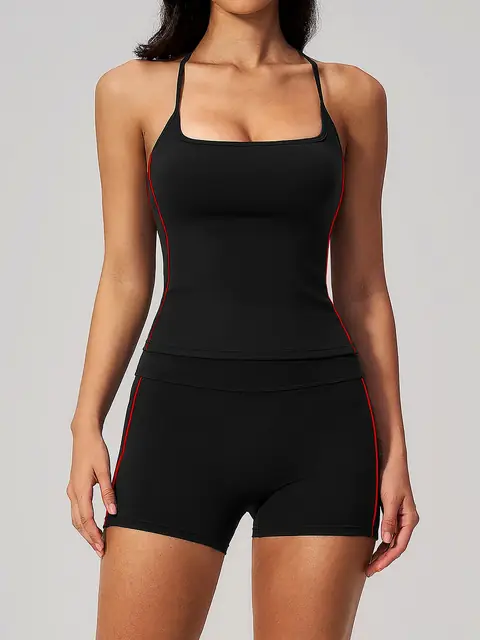 Pilates racerback running yoga set in black red block front view
