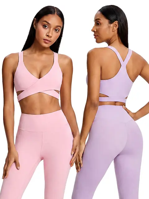 Pilates racerback yoga bra top in peach pink front view