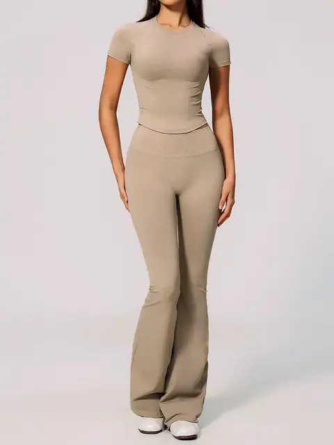 Pilates Wide-Leg yoga set in light khaki front view