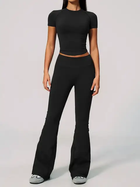 Pilates Wide-Leg yoga set in premium black front view