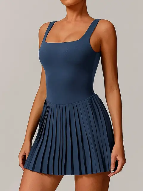 Pocket pleated sports dress in emblem blue front view
