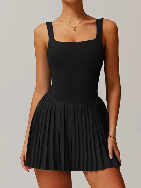 Pocket pleated sports dress in premium black front view