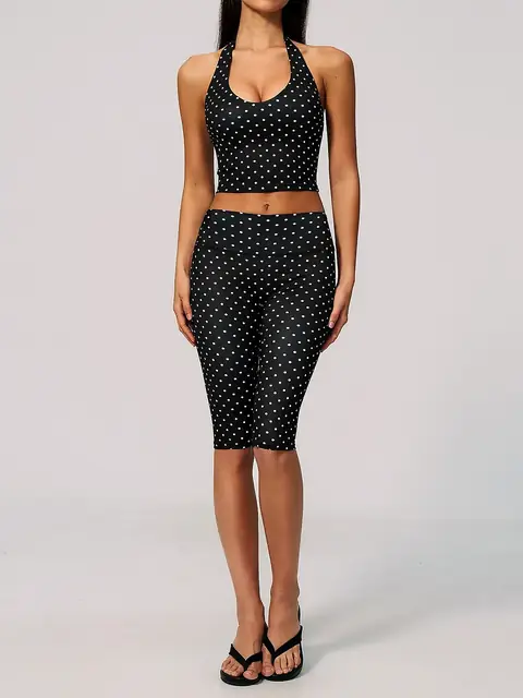 Polka dot Deep-V swim short set in black white dot front view