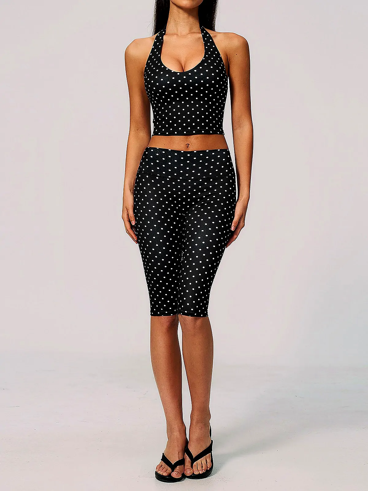Polka dot Deep-V swim short set back seam construction