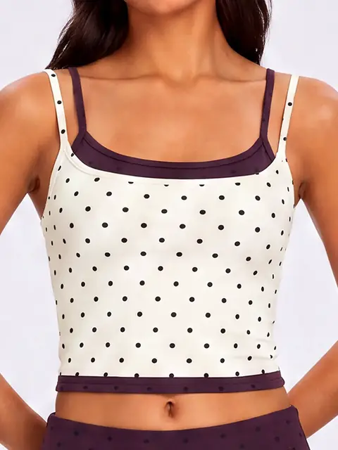 Polka-Dot padded yoga tank in auburn front view
