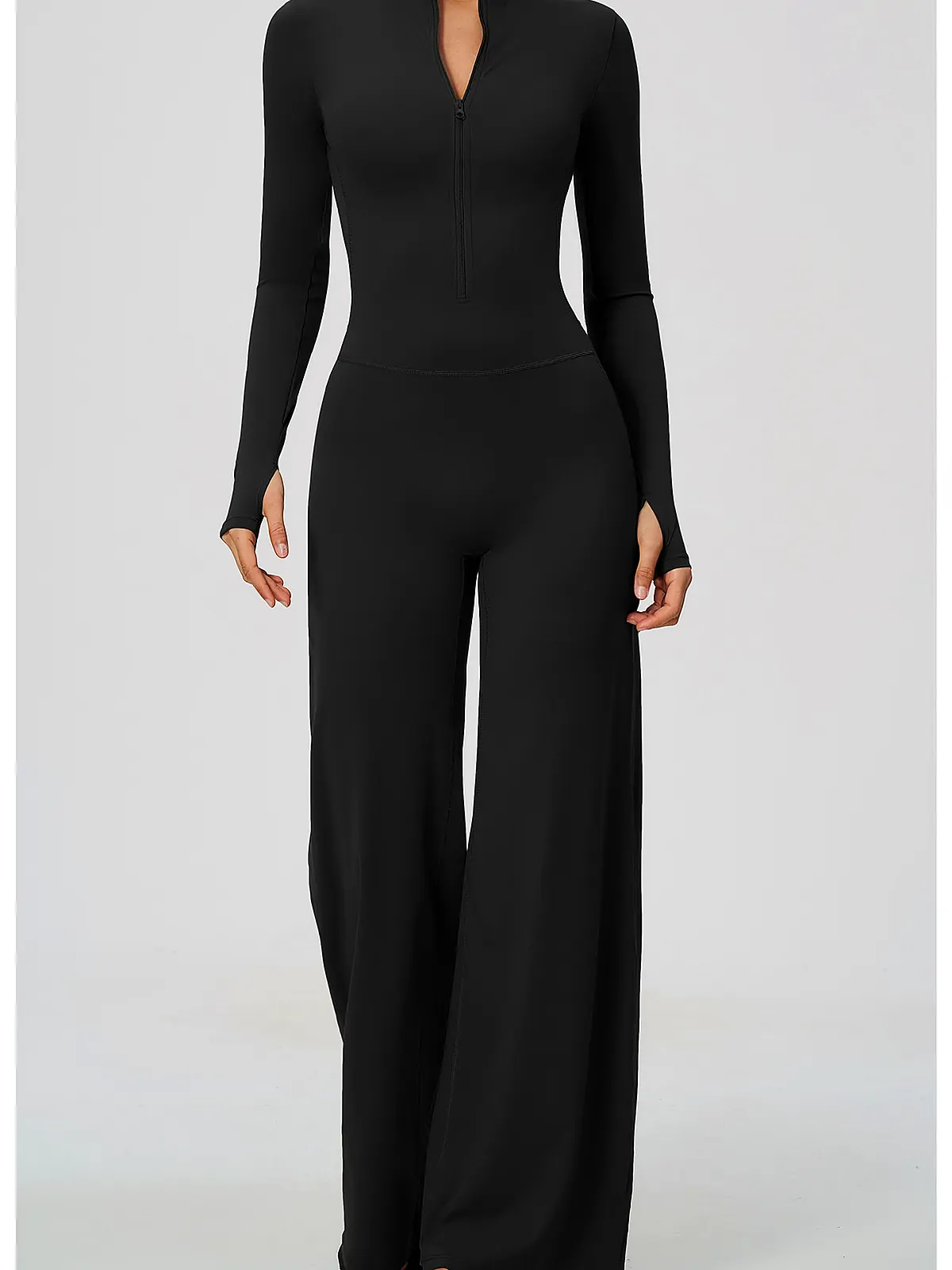 Quarter-Zip Wide-Leg Yoga Unitard — back seam construction