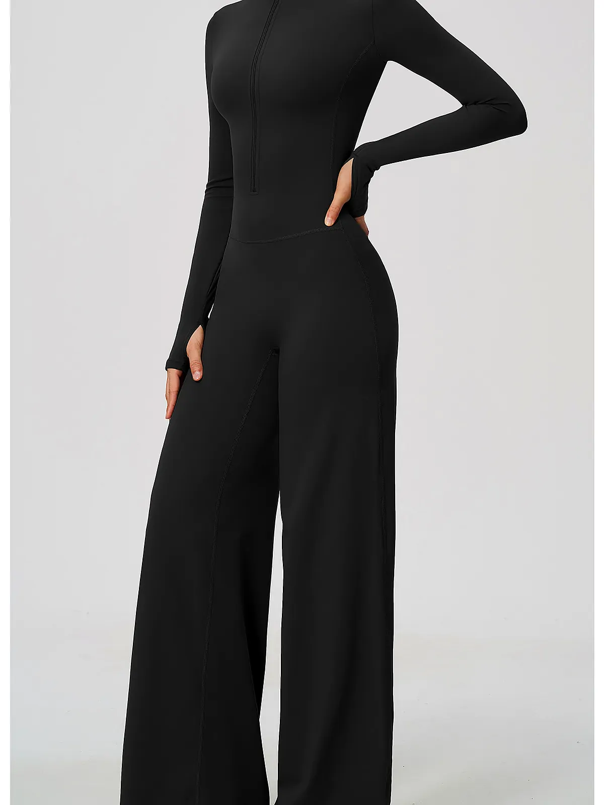 Quarter-Zip Wide-Leg Yoga Unitard — fabric close-up