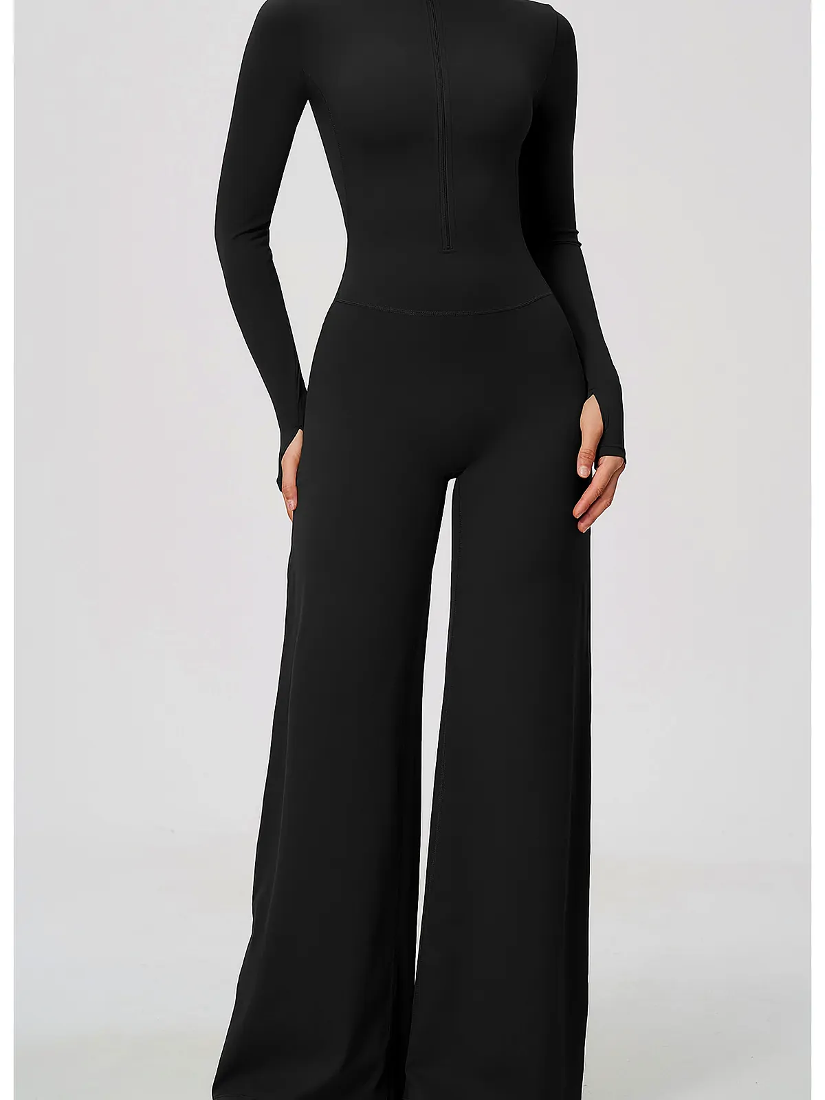 Quarter-Zip Wide-Leg Yoga Unitard — flatlock seam detail