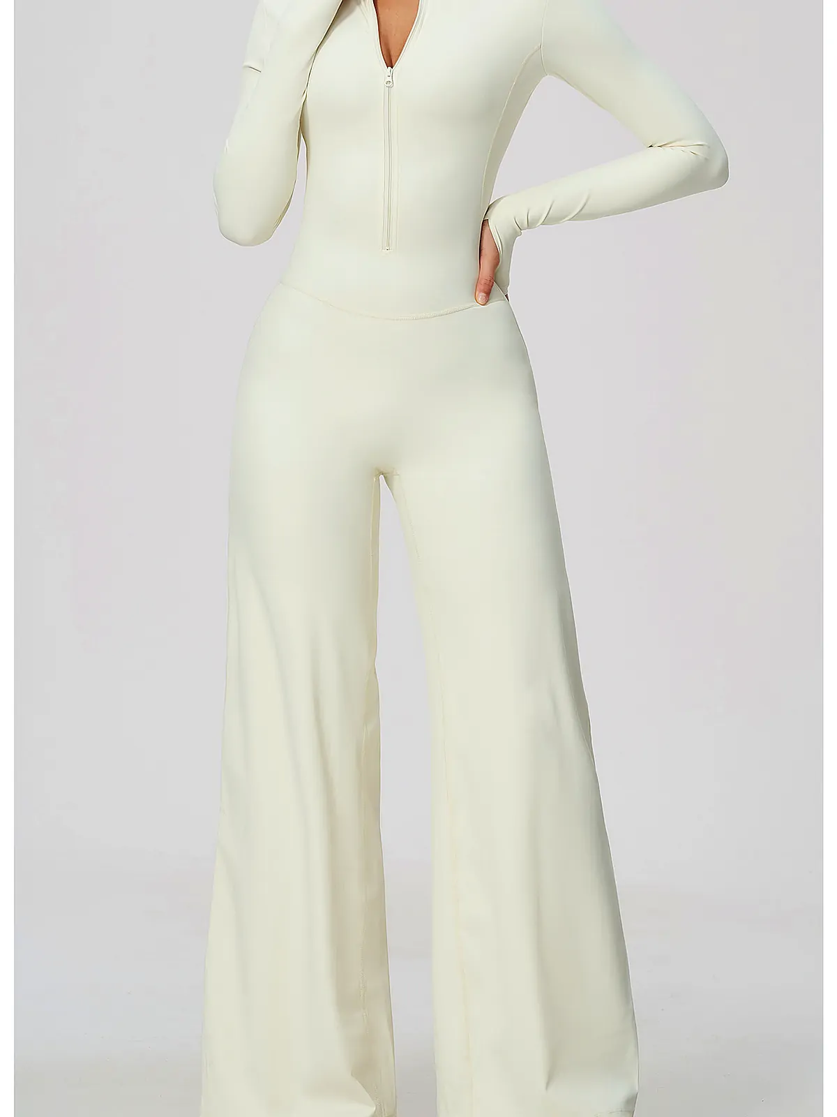 Quarter-Zip Wide-Leg Yoga Unitard — side panel detail