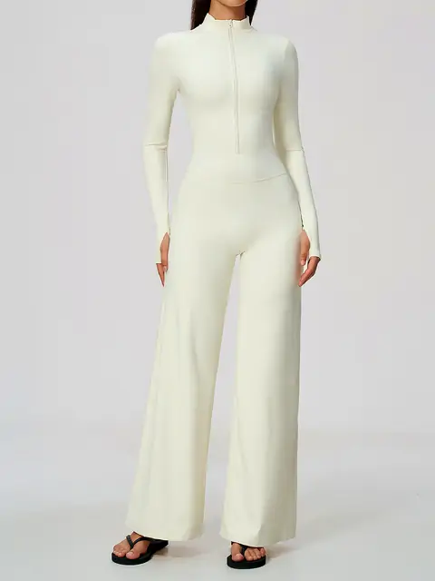 Quarter-Zip Wide-Leg Yoga Unitard in Oat Apricot — front view